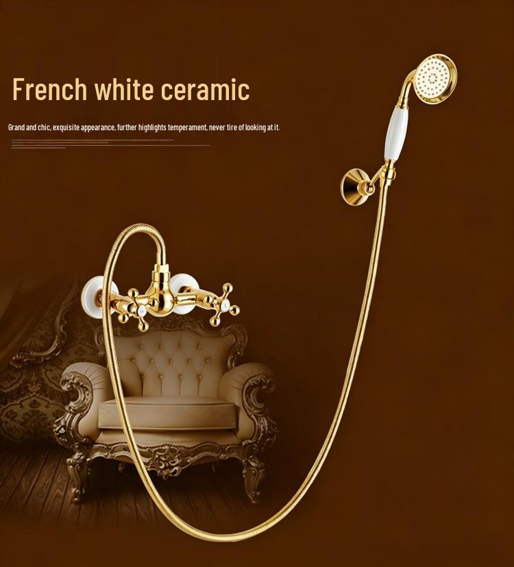 Gold-Plated Retro European Shower Set: Dual Handle Bathtub Faucet with Hot and Cold Mixer