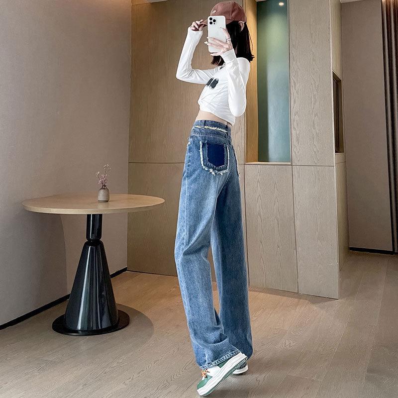 

Color-Block Retro High-Waisted Straight-Leg Jeans for Pear Shapes with Frayed Edges and Floor-Length Design Large
