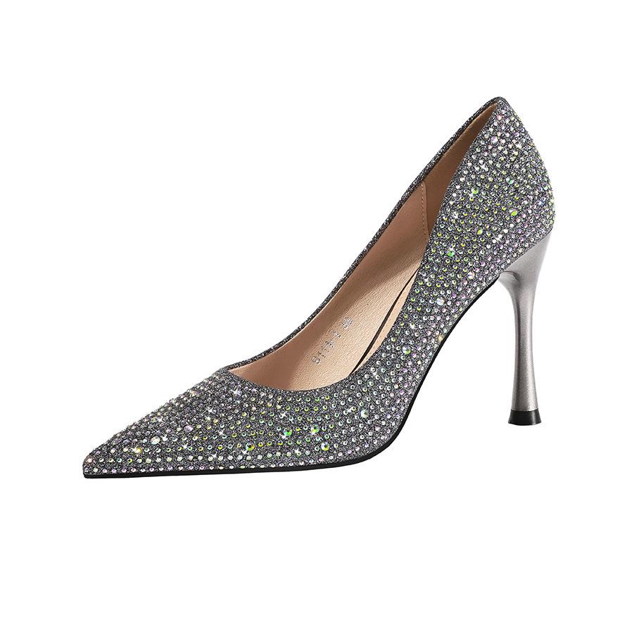 Fashion Point-toe Women's Sandals Nightclub Show Thin Stiletto Women's Single Shoes Rhinestone Sequin High-heeled Shoes