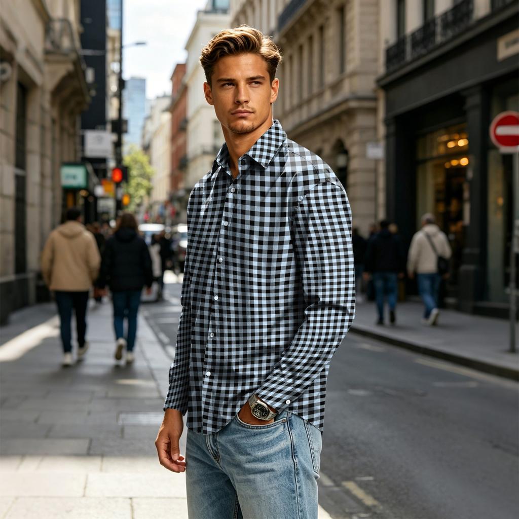 Men's Long Sleeve Plaid Shirt with Collar for Casual Daily Wear