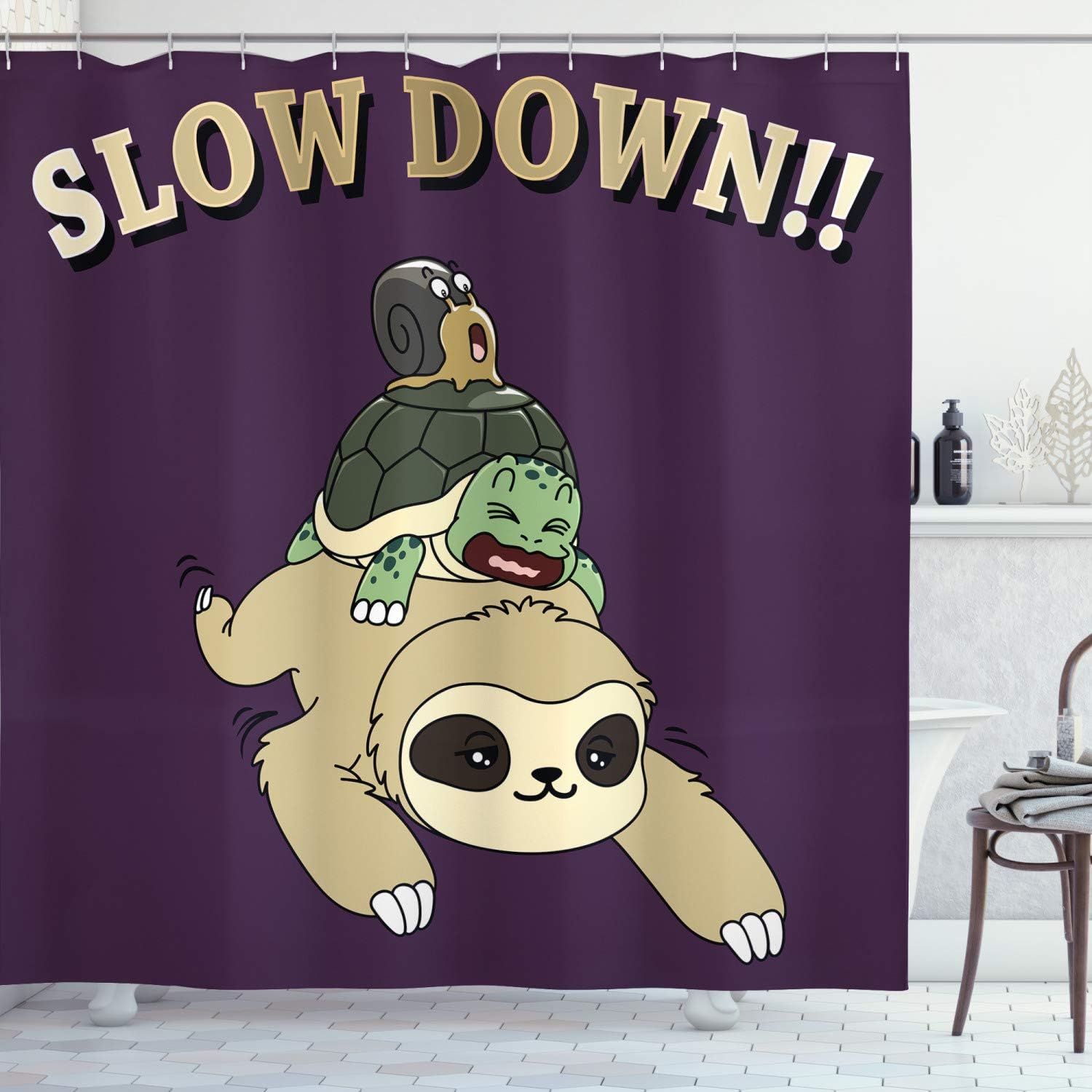 

Humorous Animal Shower Curtain With Sloth Turtle And Snail Stack On Purple Background Fun And Quirky Bathroom Decor Idea W60H190(CM)-1 Pcs