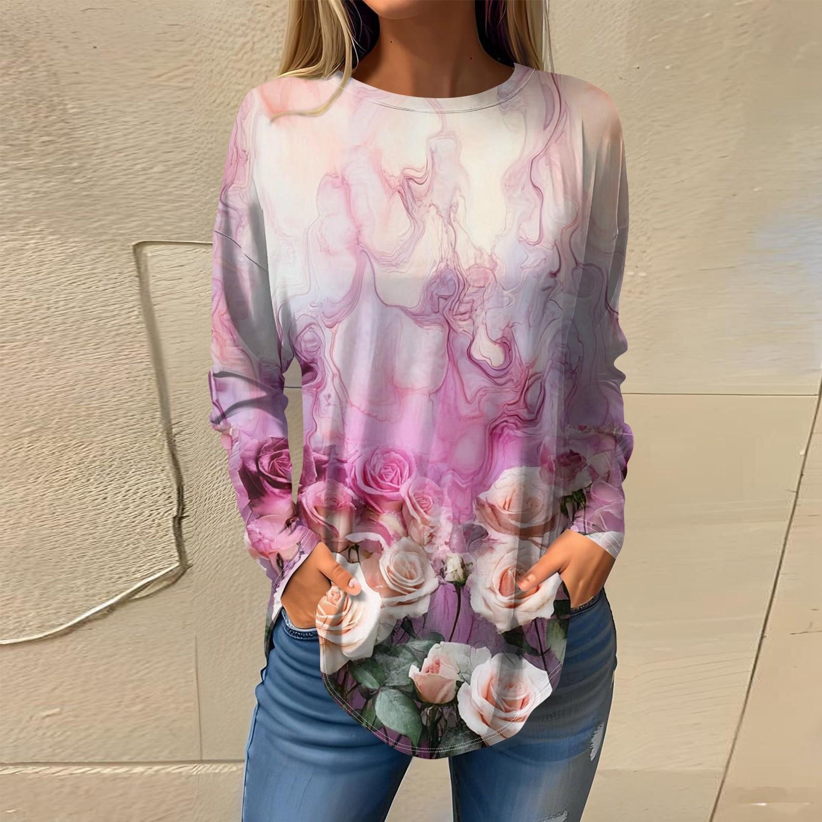 

Футболки для женщин, осенние повседневные рубашки с длинным рукавом, толстовка, винтажный топ с графическим принтом, пуловер XL фиолетовый