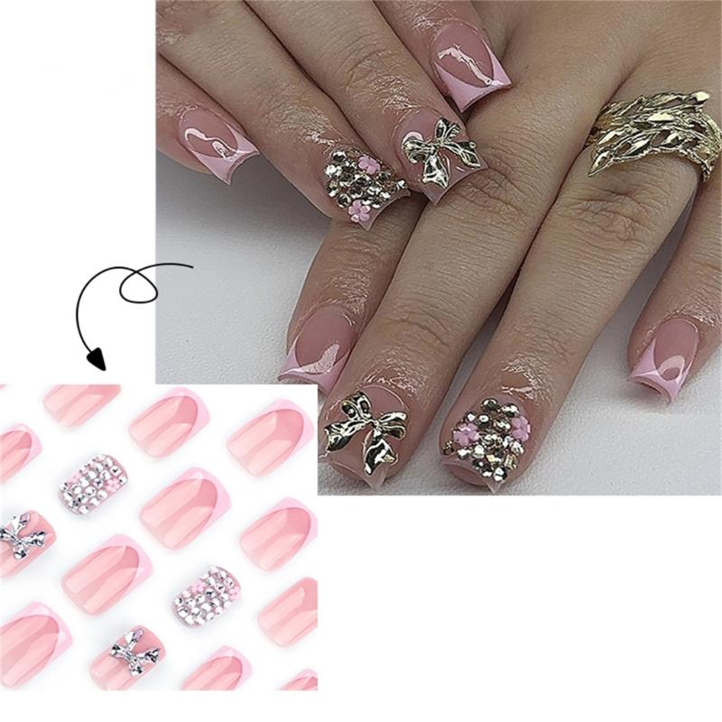 24 Stück Kurze Press-on-Nägel Künstliche Nägel Mit 3D-Schleifen-Charms Designs Acryl Französische Aufklebe-Nägel Maniküre Nagelkunst