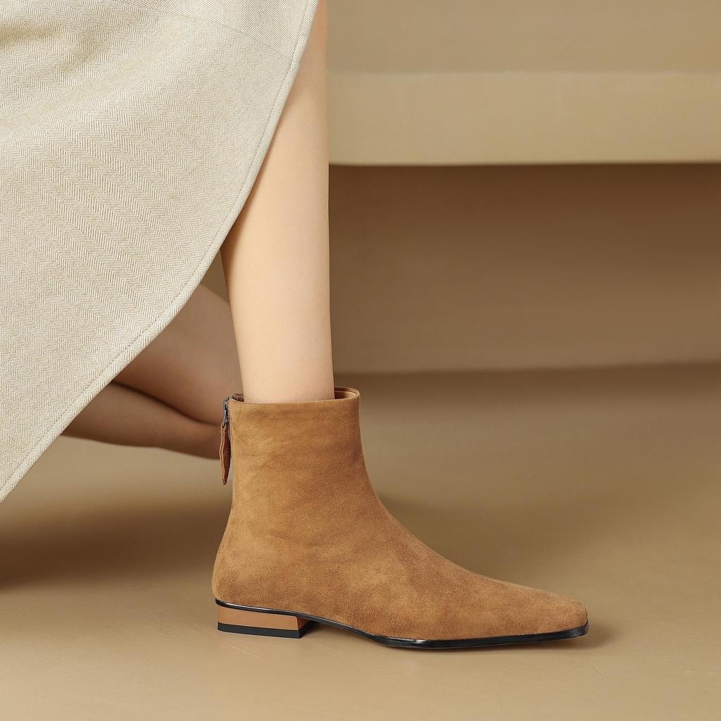 Krazing Pot Sheep Suede Nubuck Autumn Winter Shoes Low Heels Size 43 Modern Boots Square Toe Zipper Retro Ankle Boots
