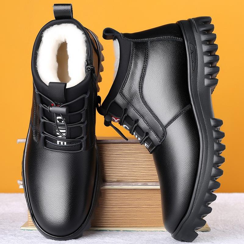 Cotton Shoes Men's Winter Warm Velvet High Waist Leather Men's Shoes Thickened Snow Boots Men's Pu Men's Business Cotton Leather Shoes