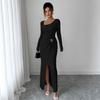 Autumn Winter Irregular Neckline Solid Color Knit Texture Maxi Dress Women Mature Style French Retro Patchwork Slim Sexy Elegant Women Maxi Dress