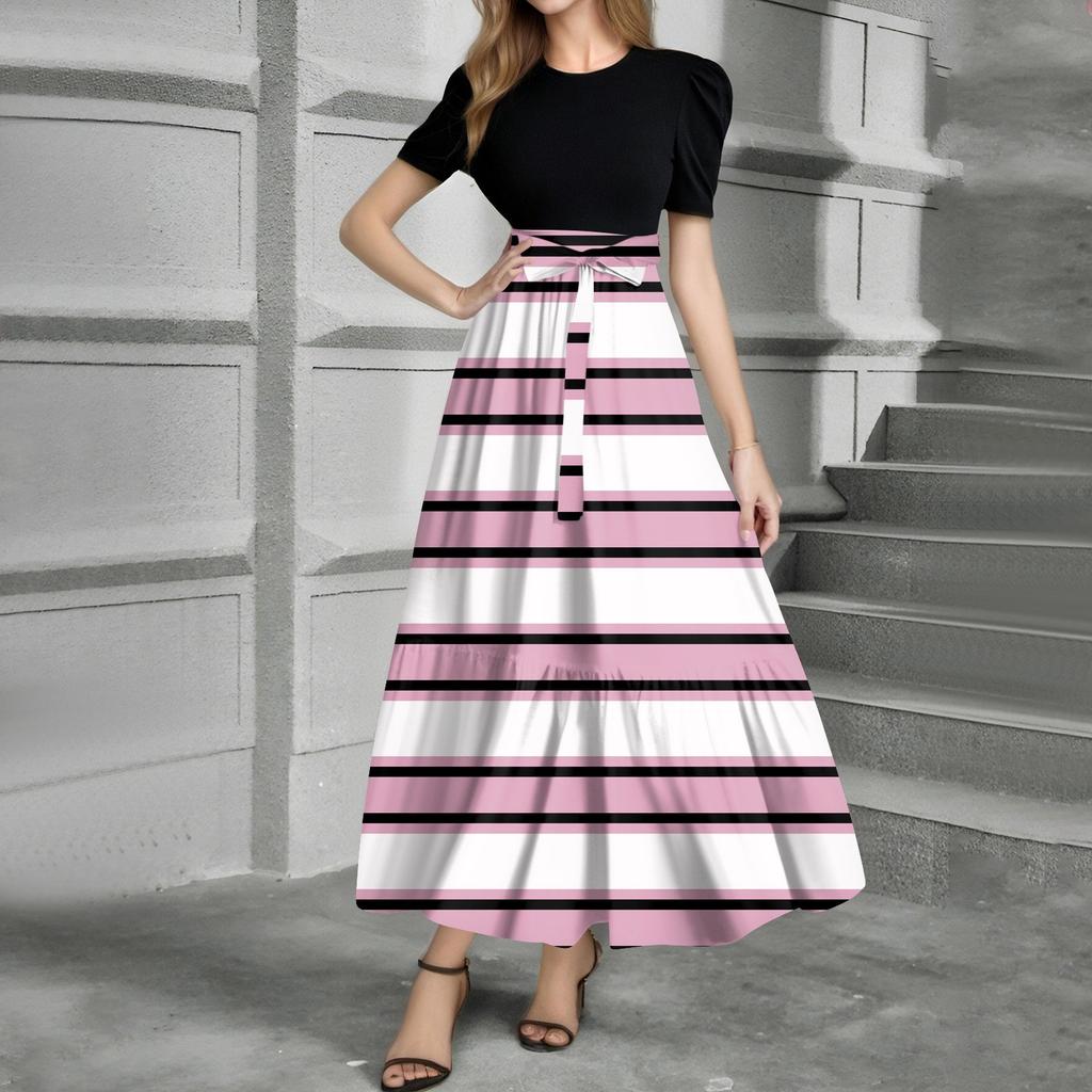 Women's Fashion Casual Belt Short Sleeve Round Neck Print Stitching Elegant Temperament Dress