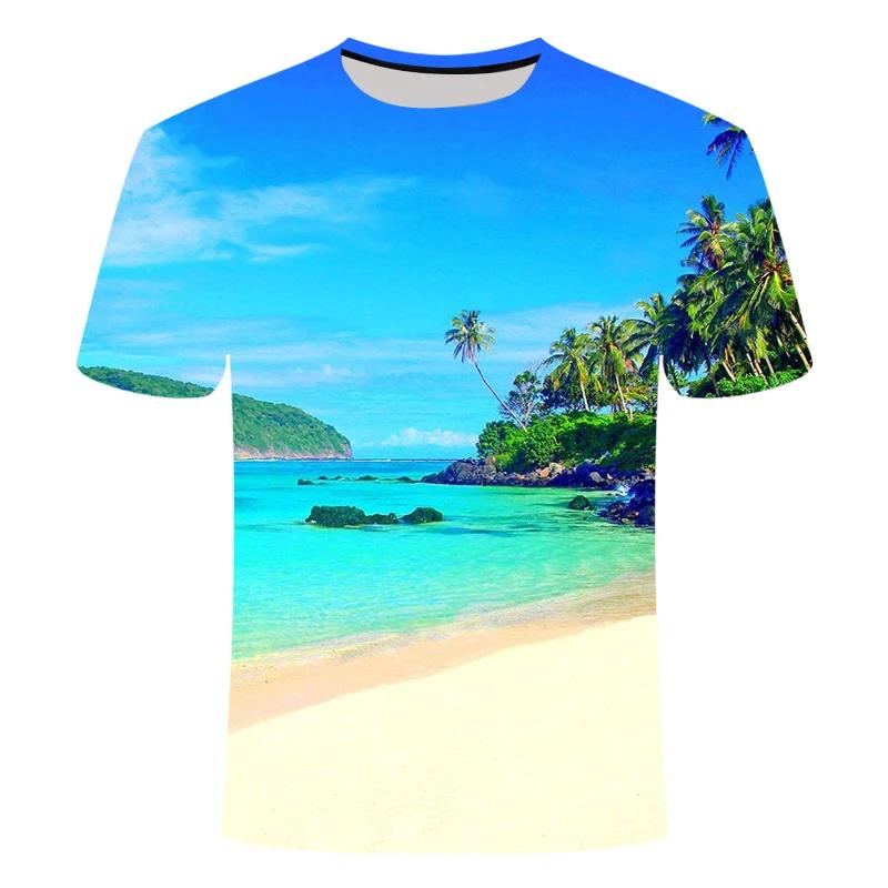 New Summer Essential Men's And Children's Shirt Palm Beach Seaview 3d Print T-shirt Casual Fashion Seaside Style Thin Top