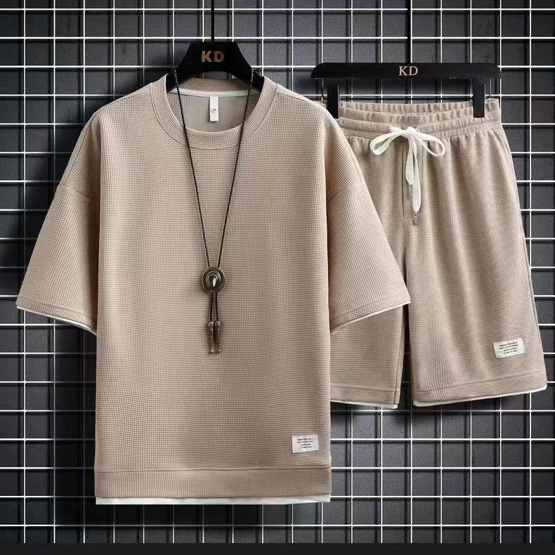 Men's Summer Sportswear: Waffle Short Sleeve T-Shirt + Shorts 2-Piece Set