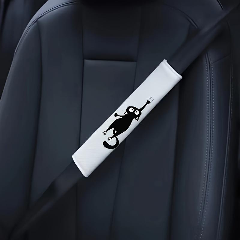 2 Pieces of Black Cat Pattern Printed Plush Seat Belt Shoulder Protection, Soft and Comfortable, Suitable for All Cars
