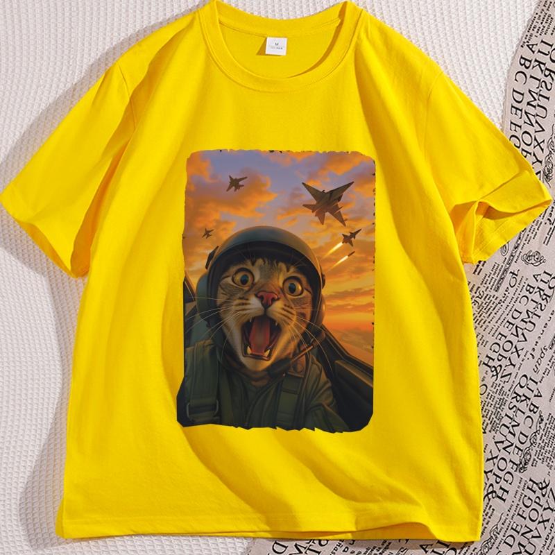 Cat Fighter Pilot T Shirt Funny Cat Selfie Meme Tee Shirt Jet Fighter Cat Tshirt Humor Cotton Short Sleeve Round Neck Tees