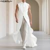 INCERUN Men Stand Neck Sleeveless Buttons Irregular Ruffled Long Vest Cardigan Waistcoats