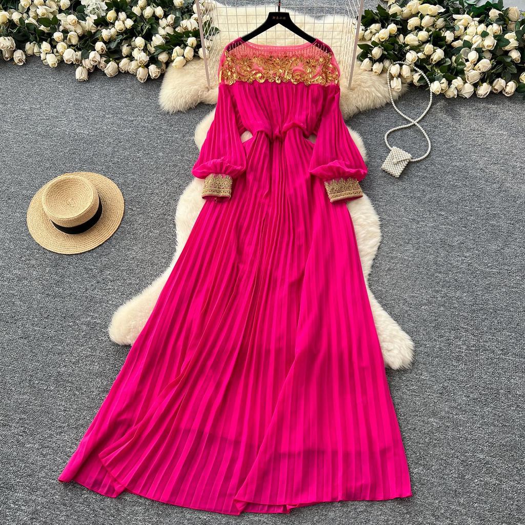 French temperament high-end sequined embroidered bead mesh stitching long-sleeved waist dress women's thin temperament elegant long dress