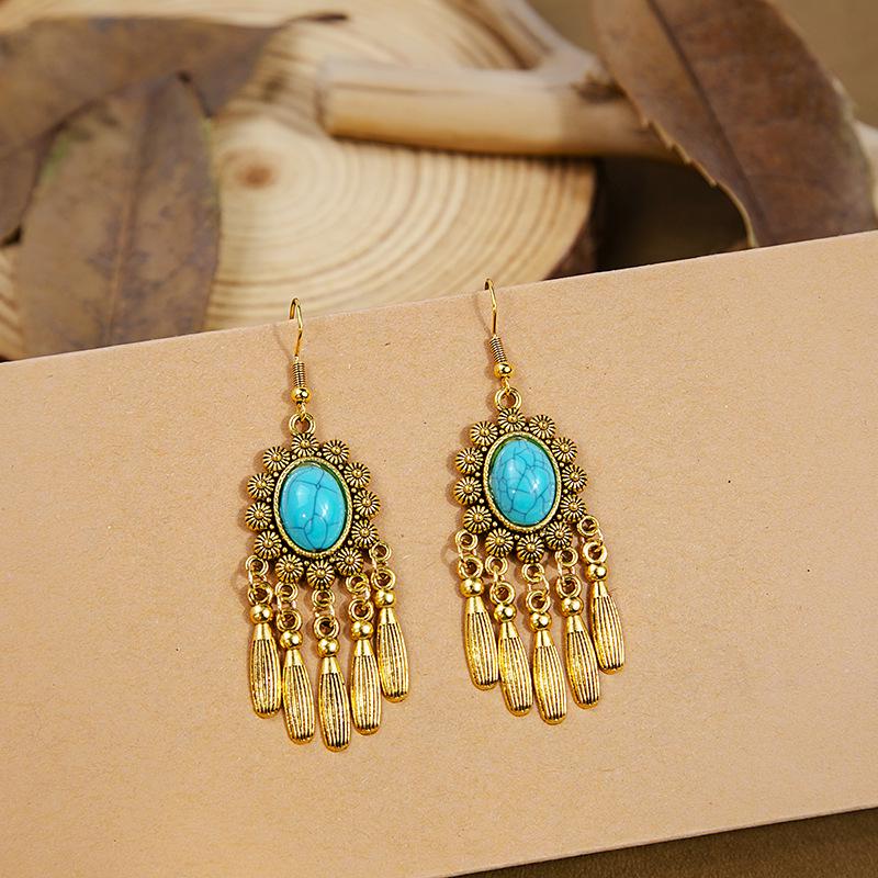 Bohemian Turquoise Tassel Earrings: Retro Ethnic Style with Geometric Gemstone Design
