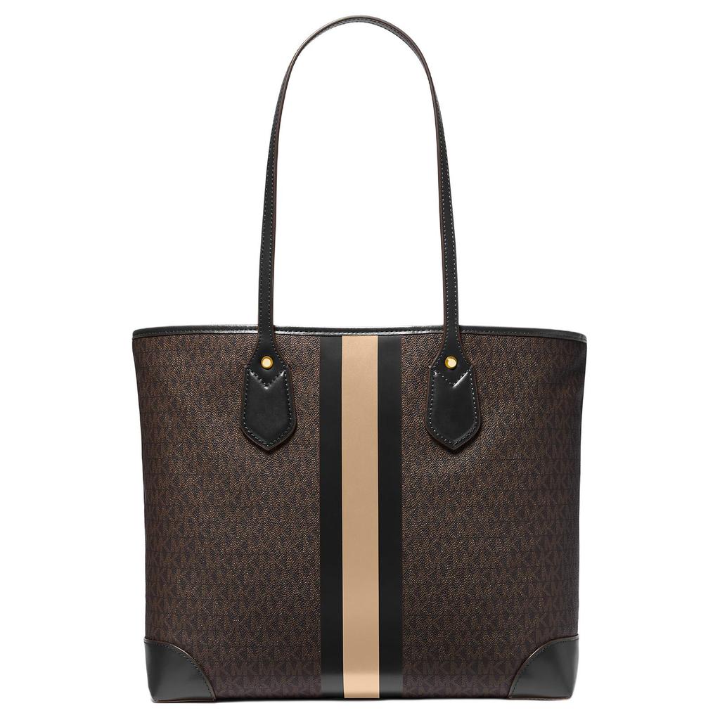 Michael Kors Eva Monogram Logo Stripe Color Block Canvas Tote Bag Women Tote Dark-Brown 30T9GV0T7B-BLACK-CAMEL