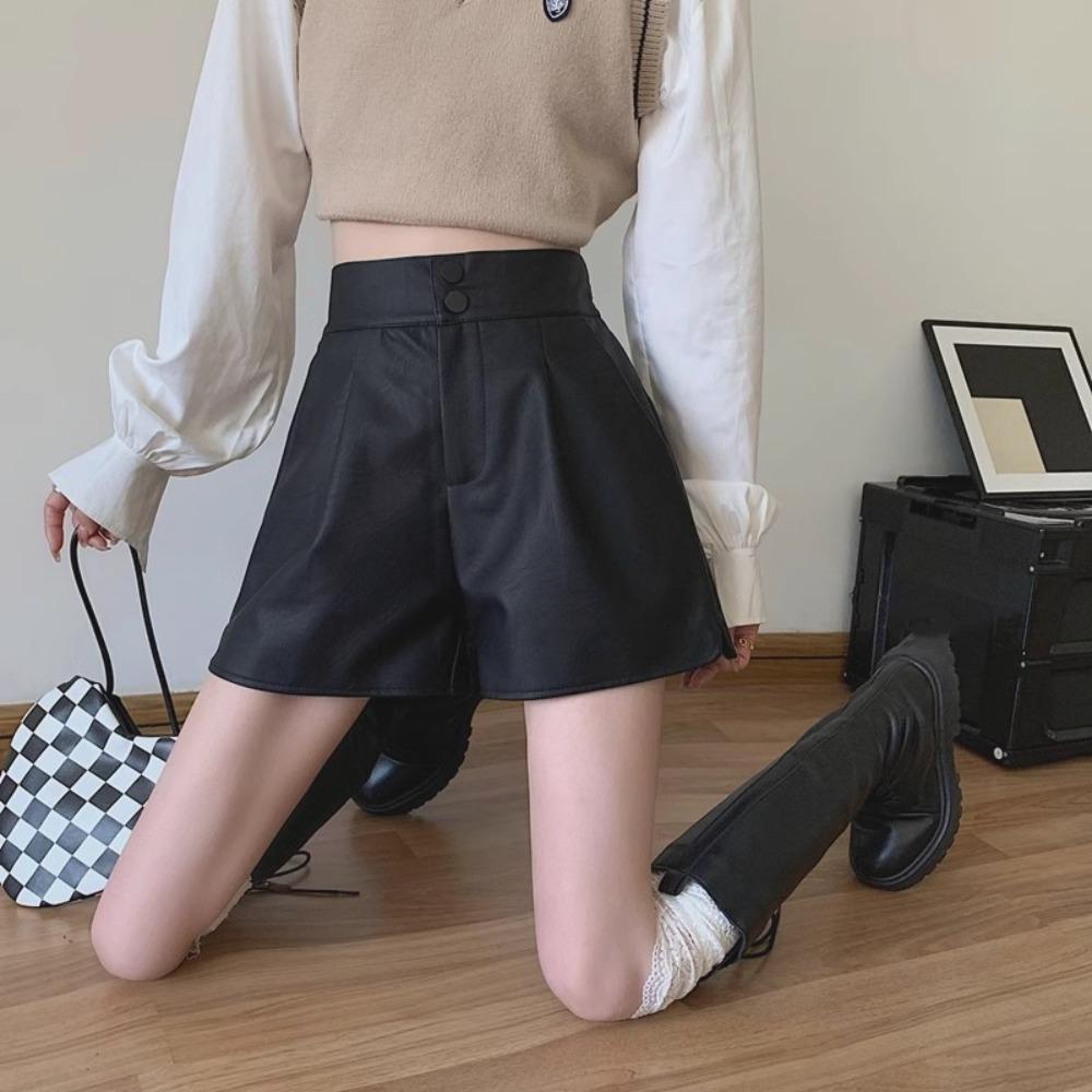 PU High Waist Leather Shorts Baggy Elastic Waist Shorts All Match Hot Woman Short Pants  Summer