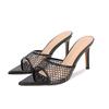Women's high-end sheepskin, black grid rhinestone high-heeled slippers, thin heels, pointed open-toed high heels, not tiring to wear outside