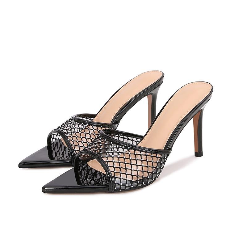 Women's high-end sheepskin, black grid rhinestone high-heeled slippers, thin heels, pointed open-toed high heels, not tiring to wear outside