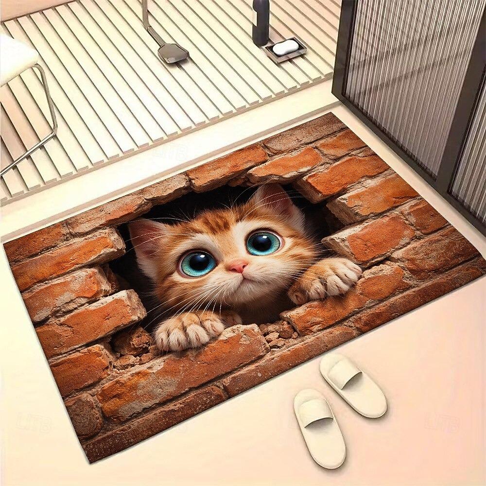 3D Illusion Kitten Doormat 2D Print of Cat Peeking Through Brick Wall for Playful Whimsical Entryway Rug Perfect for Cat Lovers