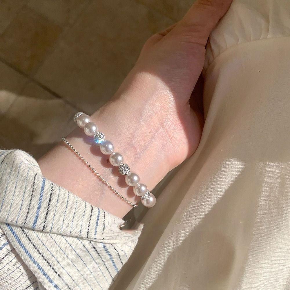 Shining Zircon Pearl Crystal Bracelet Charm Double Layer Bracelet Vintage Beaded Hand Bangle  Party