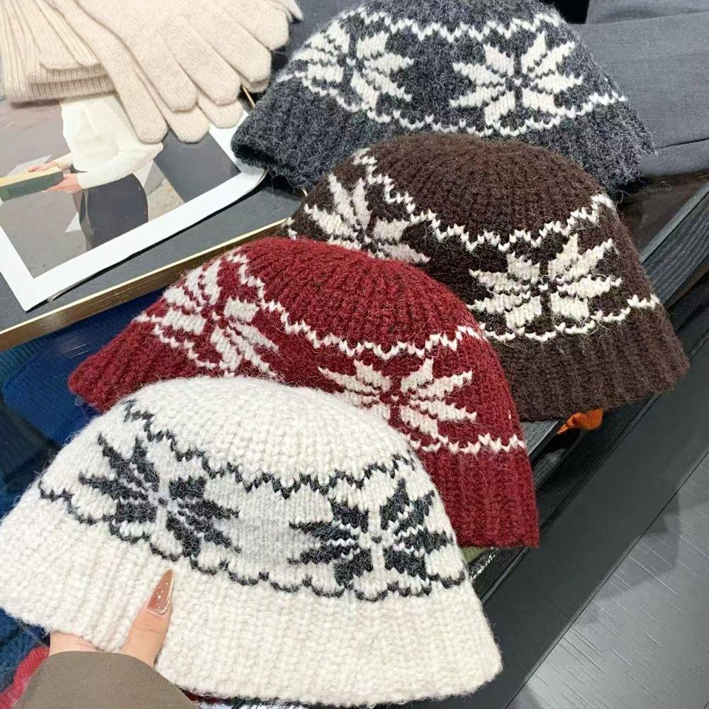 Warm Jacquard Pattern Beanies Printed Printing Knit Cap Snowflake Jacquard Knitted Hat  Girls