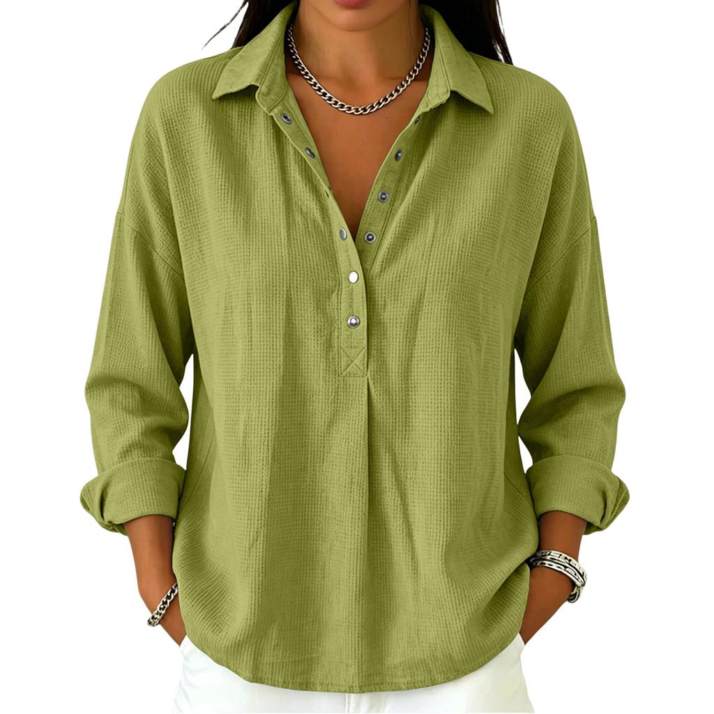 Women's Casual Long Sleeve Polo Shirt Button Front Waffle Texture Pullover Lightweight Relaxed Fit Top for Everyday Wear