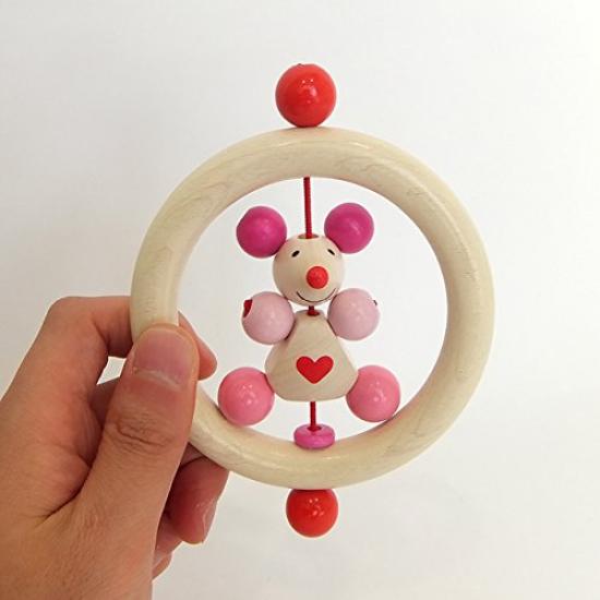 wooden pacifier and rattle teether by pink German-made Himes, heart-shaped mouse,