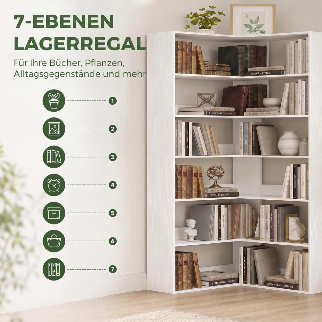 7 Tiers Bookshelf, L-Shaped Corner Bookcase with Anti-Slip Rear Guard, White Wood Effect