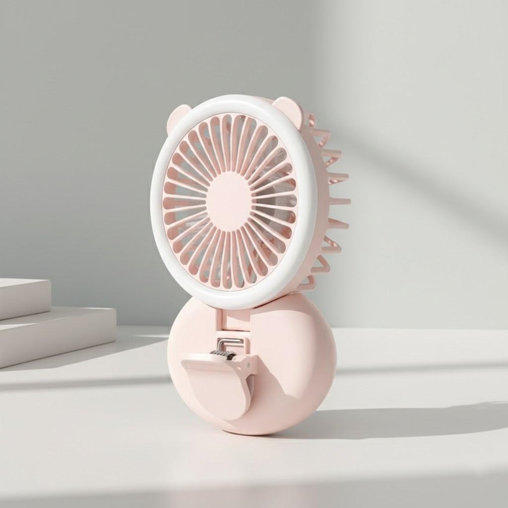 

USB Charging Desktop Fill Light Clip Fan Mini Handheld Folding Fan Summer Portable Hanging Neck Fan рожевий