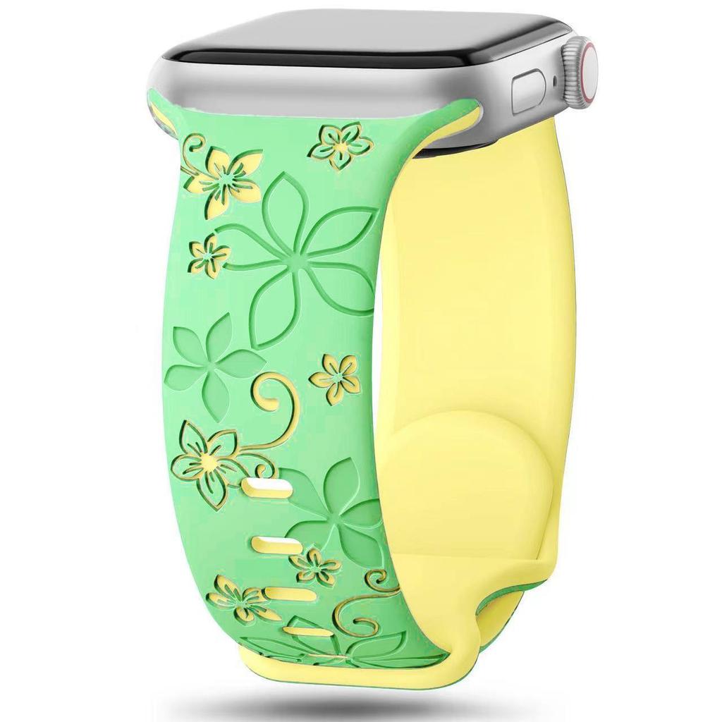 Embossed Floral Silicone Apple Watch Strap: Unisex, Sports, Two-Tone, Infinity Buckle.