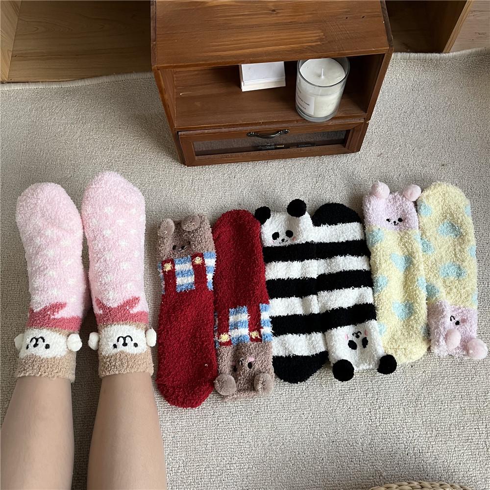 Short Socks Women Bear Fuzzy Winter Ladies Floor Warm Plush Comfy Cartoon Animal Funny Cute Kawaii Slippers Sock Designer
