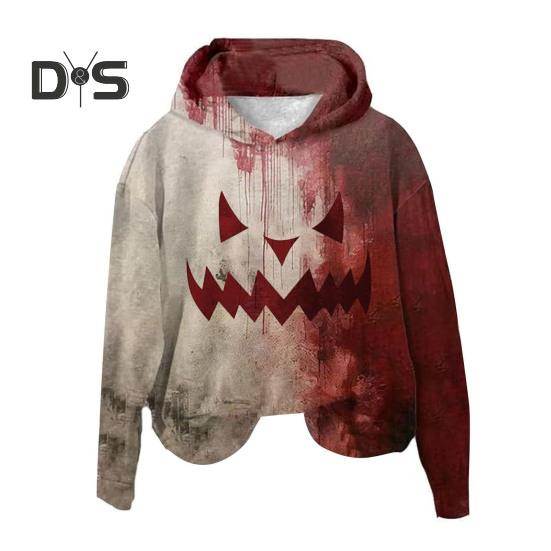 Dame Hettegenser 3D Blodflekkprint Halloween Vintage Spøkelseshus Cosplay Topp Hette Langermet Løs Hettegenser