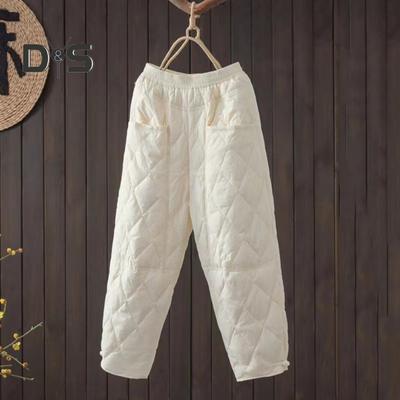 Women Winter Pants Elastic Waist Padded Thick Solid Color Loose Soft Warm Pockets Rhombus Texture Retro Casual Ankle Length Lady Autumn Trousers