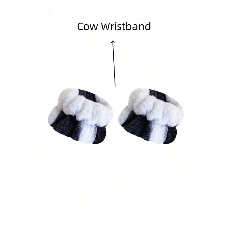 1pc Cow Pattern Bath Headband & 2pcs Bath Wrist Band, Polyester Cow Decor Facial Makeup Headband & Wrist Wash Band
