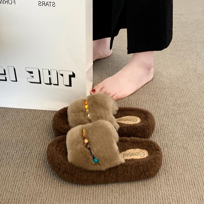 Thick-soled Fluffy Slippers Women's Outer Wear 2025 New Autumn Small Versatile Cotton Slippers Foreign Style Heightening Shoes