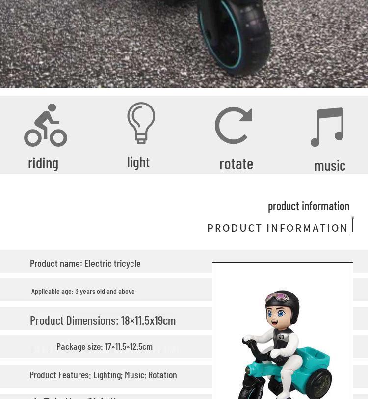 Children's 360-Degree Rotating Electric Tricycle Toy with Lights and Music.