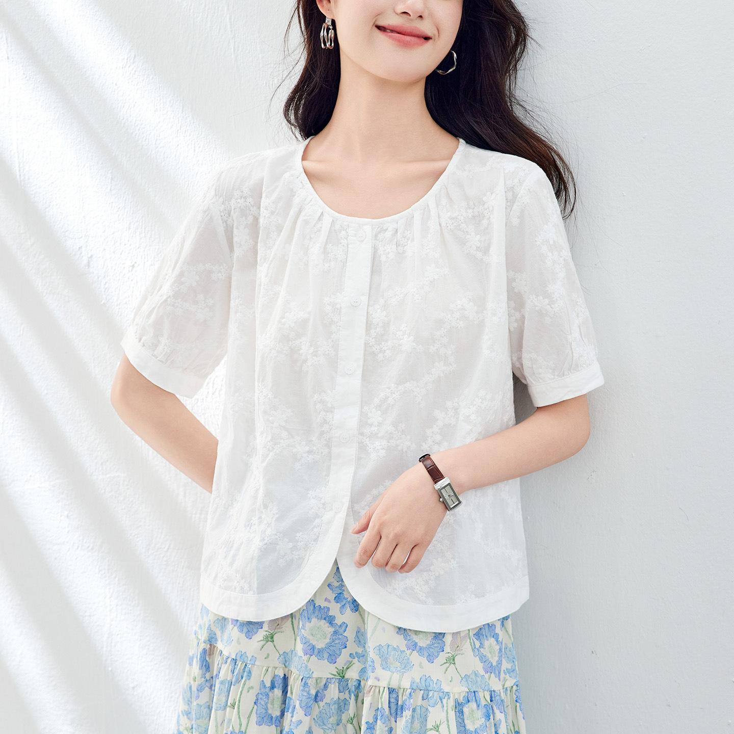 

Абрикосовая вышитая рубашка для женщин, летняя новинка с коротким рукавом, топ с маленьким круглым вырезом, вышитая рубашка из чистого хлопка XXL