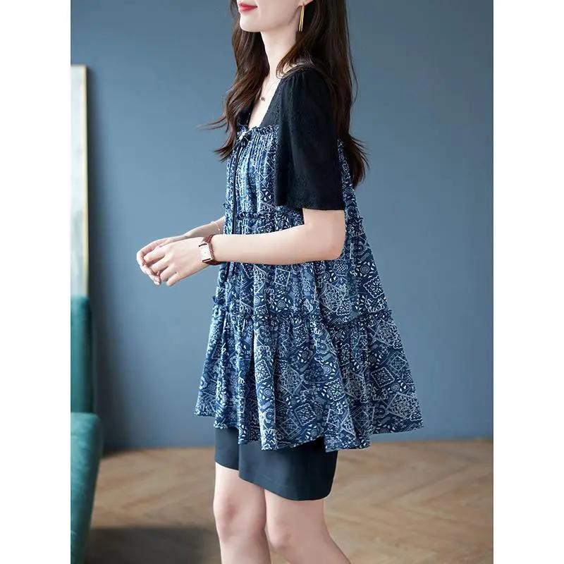 Women's Summer Design Loose Short Sleeve Chiffon Shirt Lace Splicing Slim Top