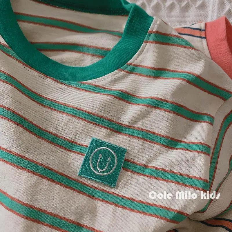 Vielseitiges gestreiftes Leinen-Baumwoll-T-Shirt für Jungen & Mädchen – Kurzarm, Koreanischer Stil, Lockere Passform, Colorblock-Design, Sommer-Modetop.