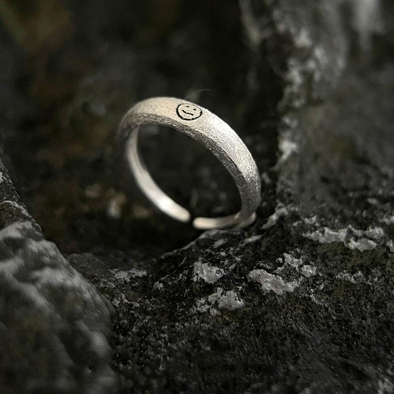 Brushed Smiley Face Ring Trendy Temperament Unique Feeling Smiling Index Finger Opening Index Finger Ring Bright Silver Ring