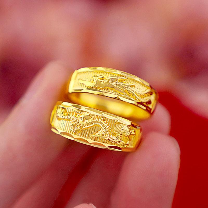Adjustable Open Couple Rings Gold Carved Dragon Phoenix Pattern Fashion Jewelry for Wedding Gift