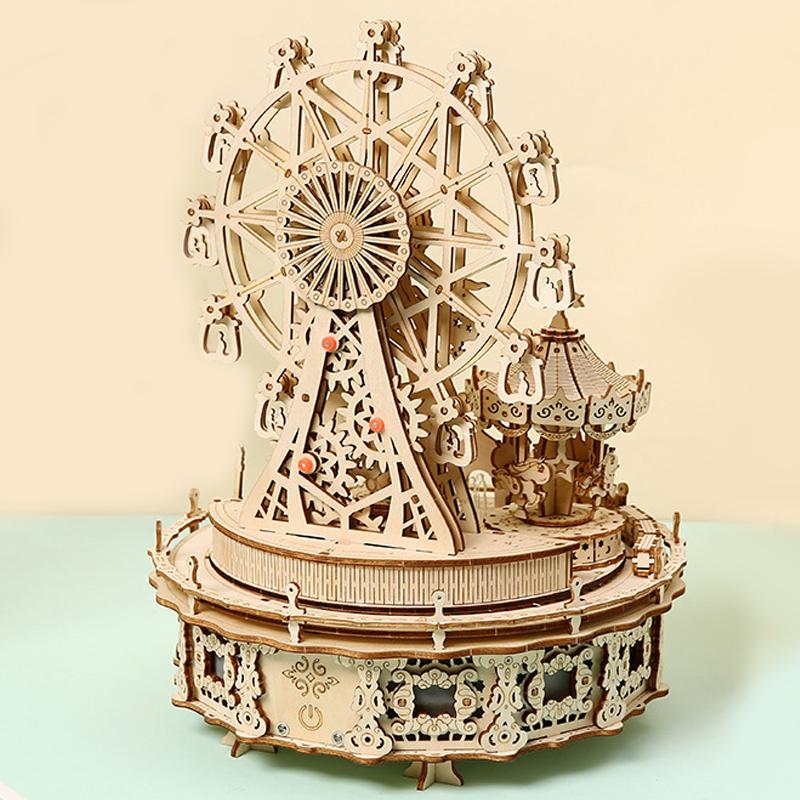 3D Wooden Puzzle Dream Amusement Park Led Rotatable Ferris Wheel Music Octave Box DIY Assembly Model Kit Toy Gift for Kids Adult