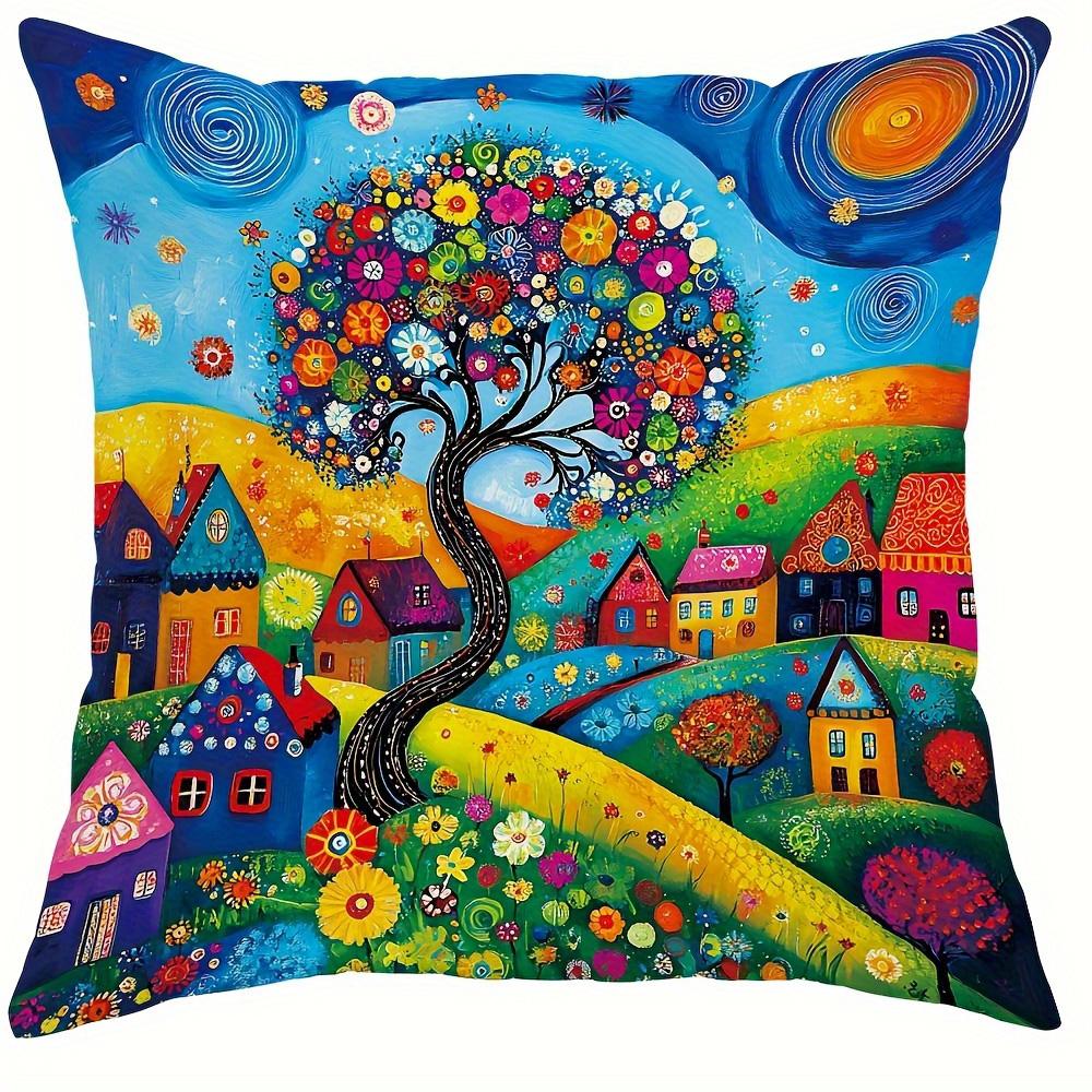 Home Decor Colorful Village And Tree Pattern Pillow Covers Pattern Cushion Cover Suitable For Sofa Bedroom Car Pillow Cover