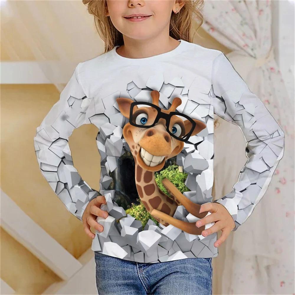 

Children s Funny Giraffe 3D Digital Printing Girl Fashion Trend Round Neck Long Sleeved T-shirt 100 белый