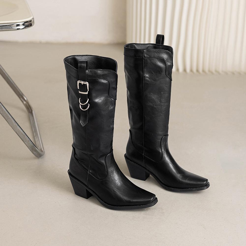 Brown Black Women Knee High Boots High Block Heel Big Size 46