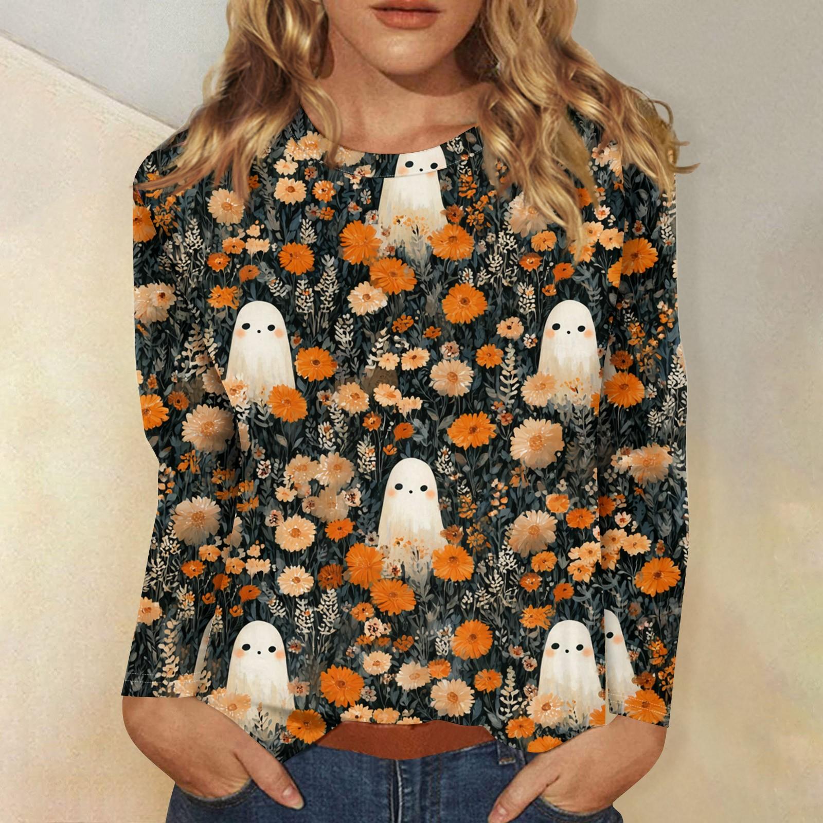 

Женская мода, повседневный пуловер с длинными рукавами и круглым вырезом с принтом на Хэллоуин XL кофейный