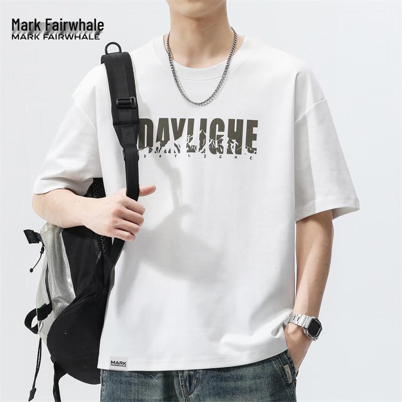 MARK FAIRWHALE Men s Letter Print Loose Fit Round Neck T-Shirt 3XL