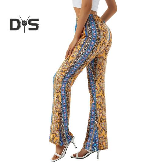 Damenhose im Ethno-Stil, Blumendruck, lange Schlaghose, Retro, hochelastisch, sexy Freizeithose, Streetwear