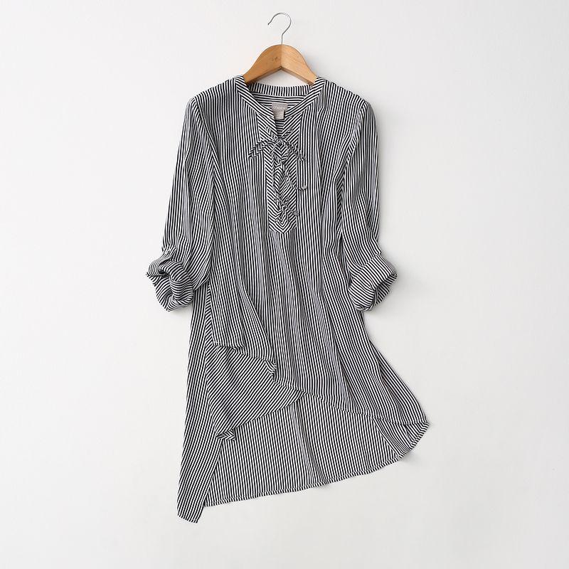 

Foreign Trade Export Plus size women clothing Neckline Lace-up Retro Stripe Chiffon Shirts Irregular Loose Pullover Shirt