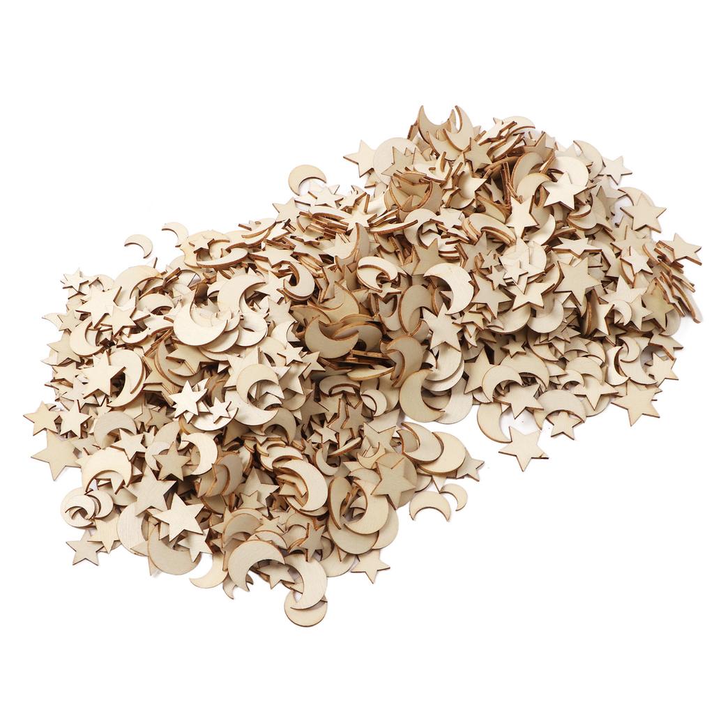 1000Pcs Wood Moon Star Cutout Slices Unfinished Star and Moon Shape Wood Cutouts for DIY Craft